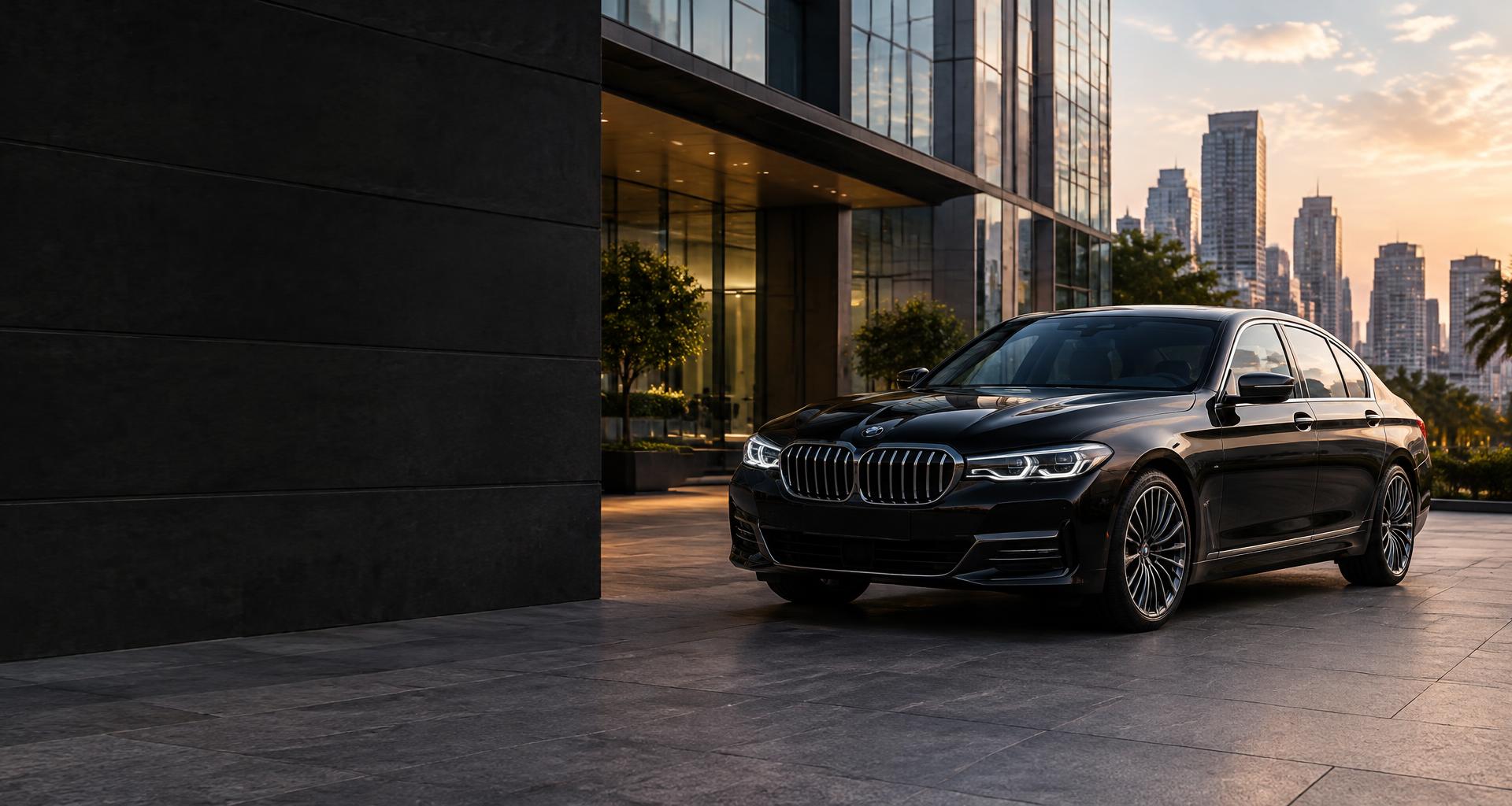 Sedan premium em frente a um edifício corporativo